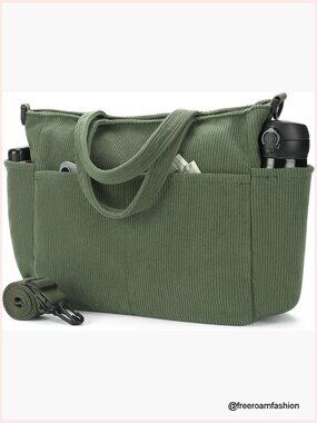 Large Corduroy Tote Bag with Zipper Pockets, Adjustable Crossbody Strap